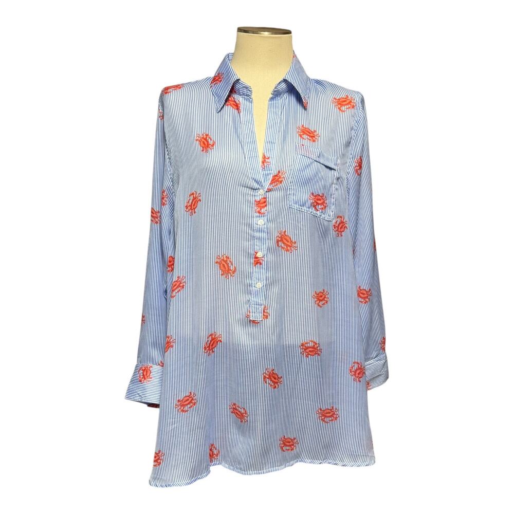 Live 4 Truth Cotton Popover Tunic Top Blue White Stripe Red Crab XL